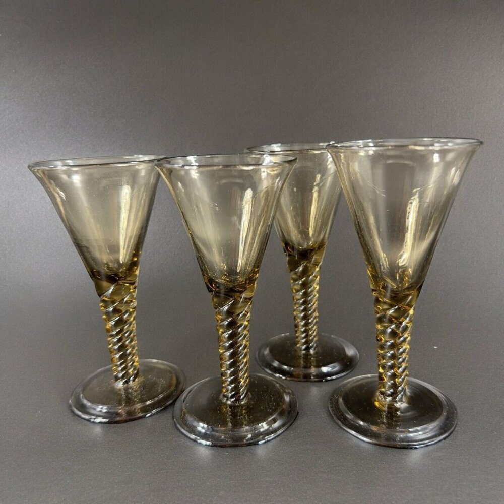 SIMON GATE Smokey Amber Goblet Glasses Spiral Stems Sandvik Orrefors 1920s Set 4 - Picture 1 of 16